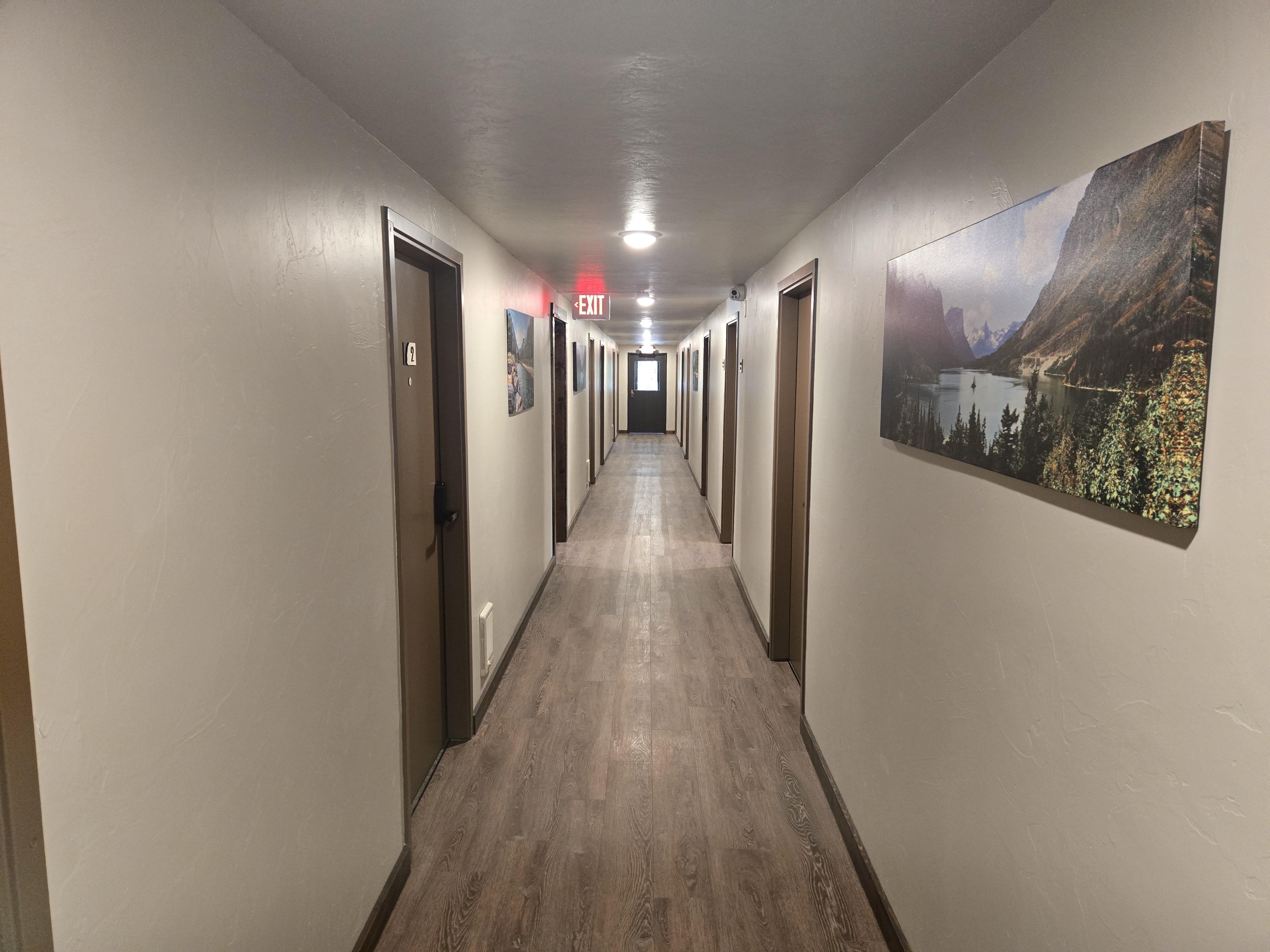 Hotel hallway at Basecamp Lodge in Seeley Lake Montana