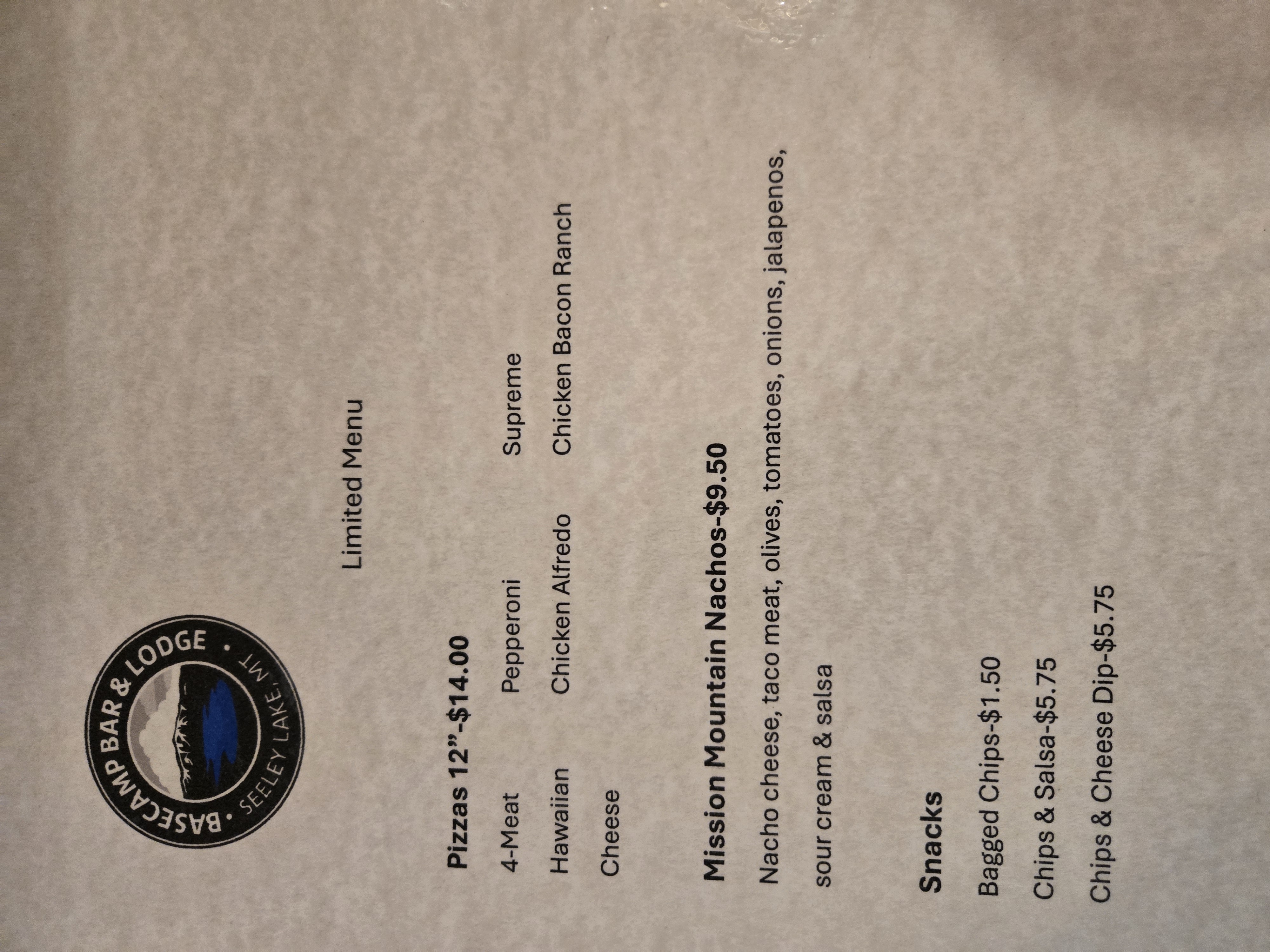 Food and drinks menu at Basecamp in Seeley Lake Montana